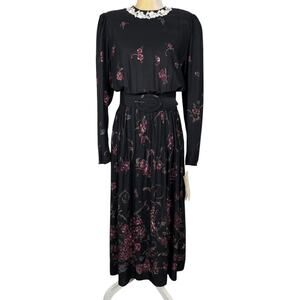 Jessica McClintock Vintage Black Floral Dress Size 10 Cottagecore Prairie NWT